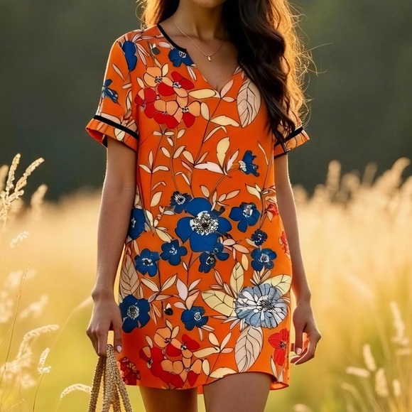 Daniello Boutique Dresses & Skirts - Daniello Boutique Shift Knee Length Floral Vibrant Dress Orange 12 Large VGUC